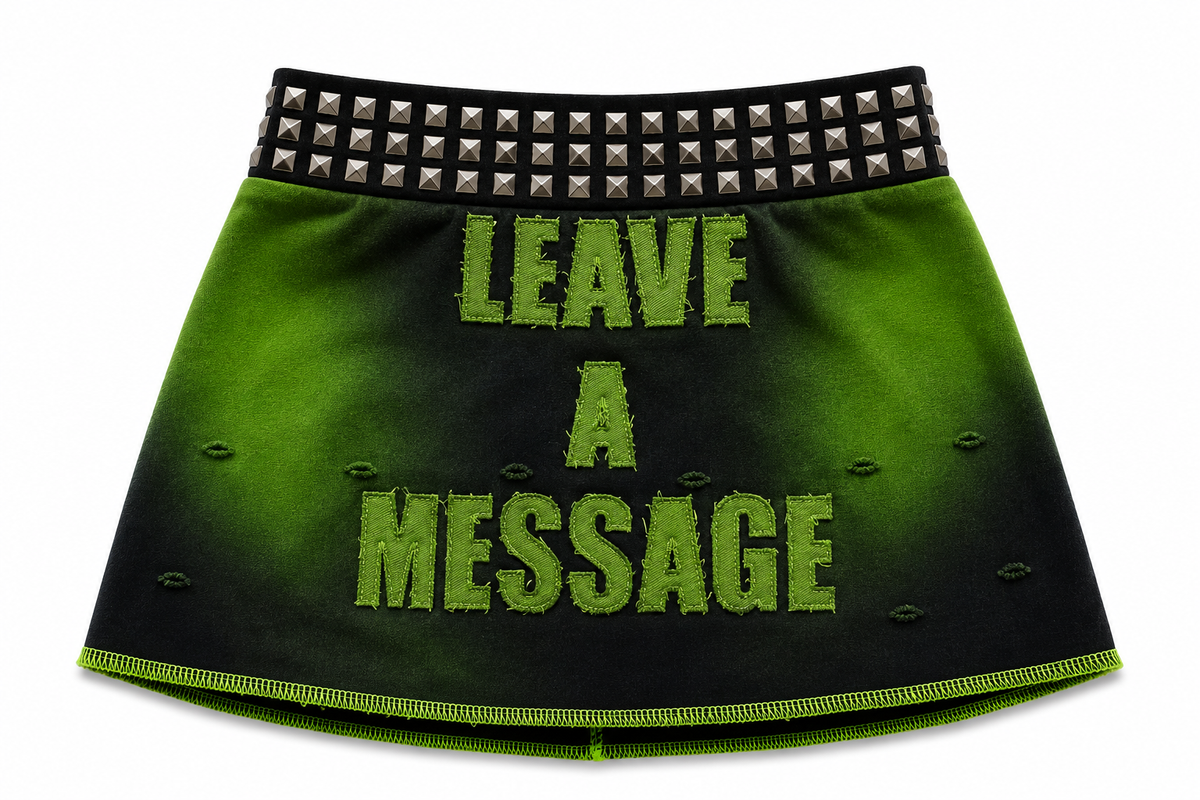 Green Leave A Message studded mini skirt