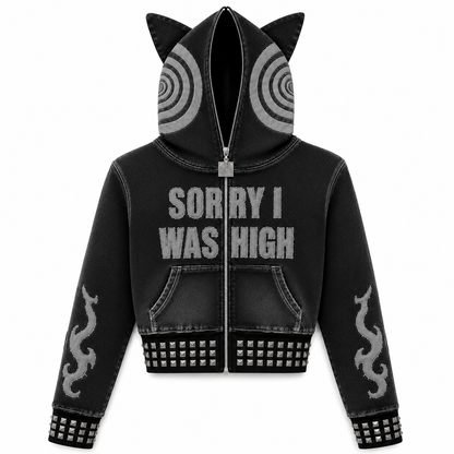 Gray Sorry I Was High cropped high hoodie